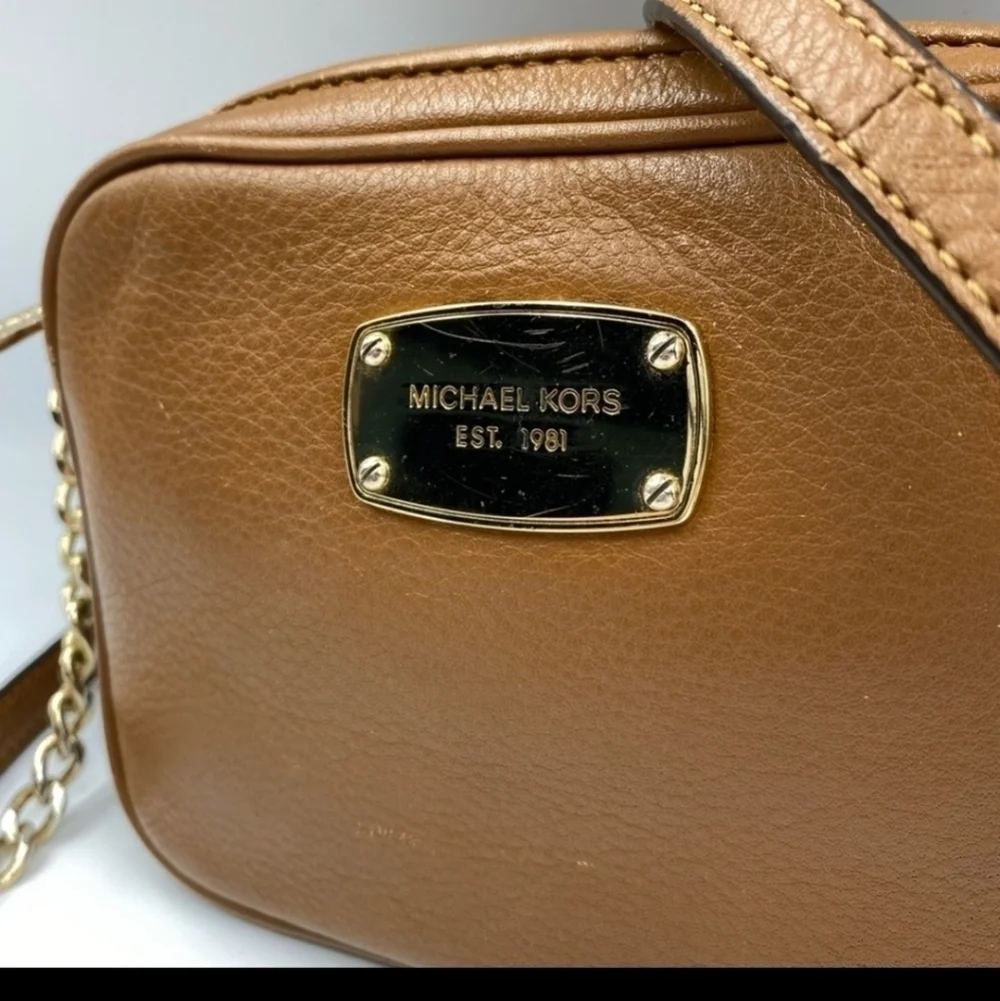 Michael Kors tan brown leather chain link mini crossbody bag